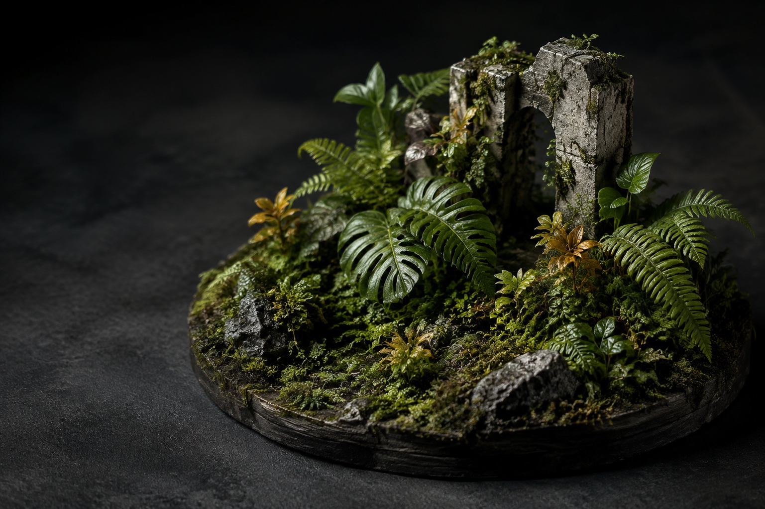 Concept miniature jungle terrain with tiny ferns and a weathered stone arch
